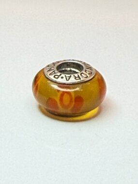 Retired Pandora Tropical Flower Yellow Orange Murano Glass Charm 925 ALE